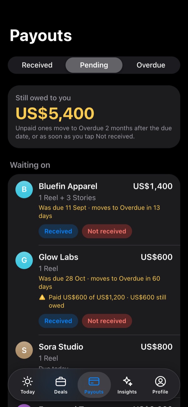 The Payouts screen: pending payments and what's still owed